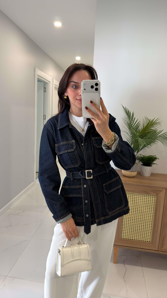 Fista Dark Blue Kapak Cep Detaylı Kuşaklı Ceket