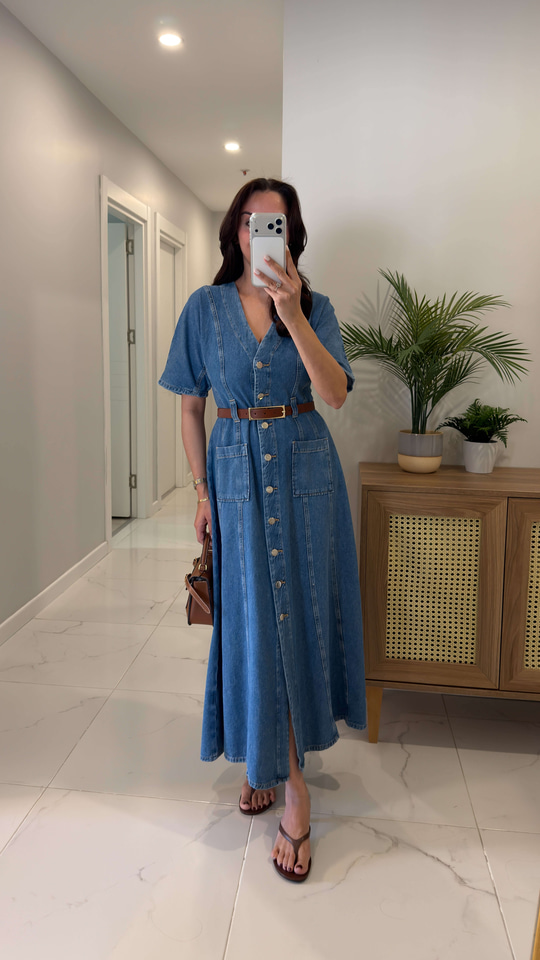 Fistros Mavi V Yaka Kısa Kollu Denim Elbise