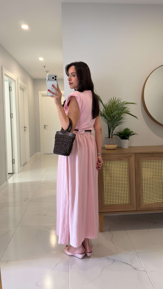 Folksy Pembe Vatkalı Kemerli Elbise