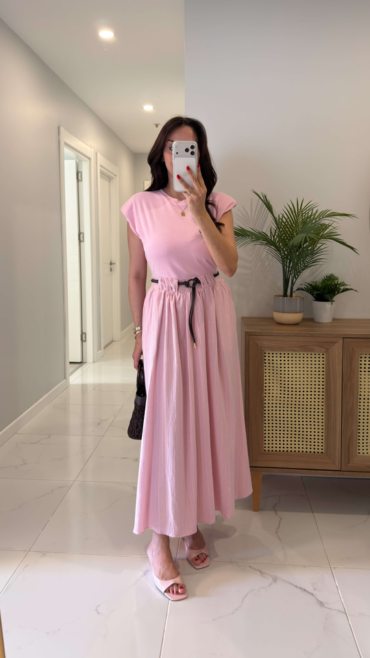 Folksy Pembe Vatkalı Kemerli Elbise