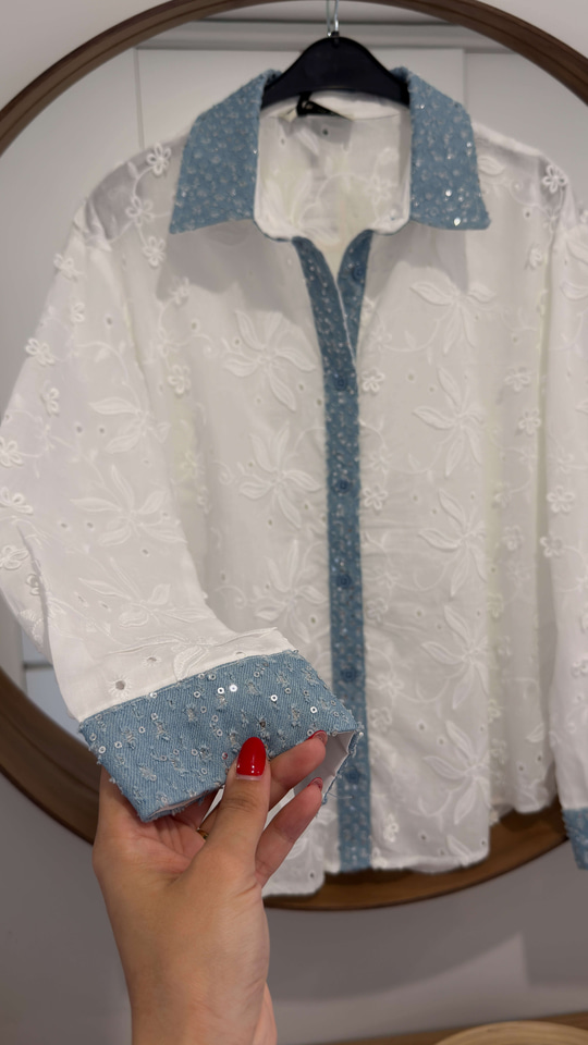 Forda Ekru Denim Garnili Dantel Gömlek
