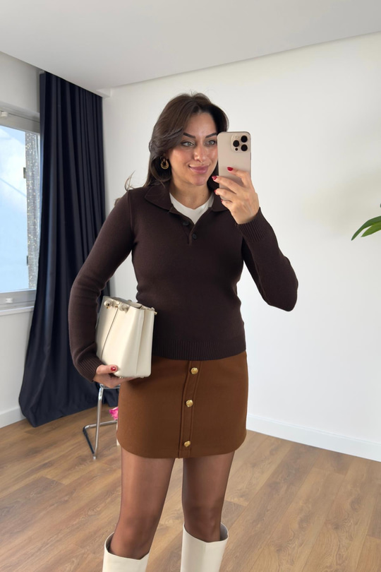 Forse Acı Kahve Polo Yaka Detaylı Triko