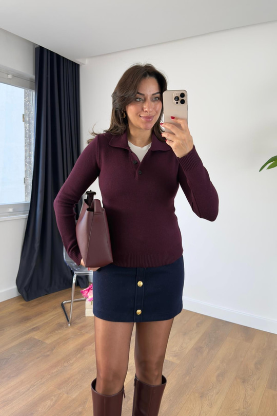 Forse Mürdüm Polo Yaka Detaylı Triko
