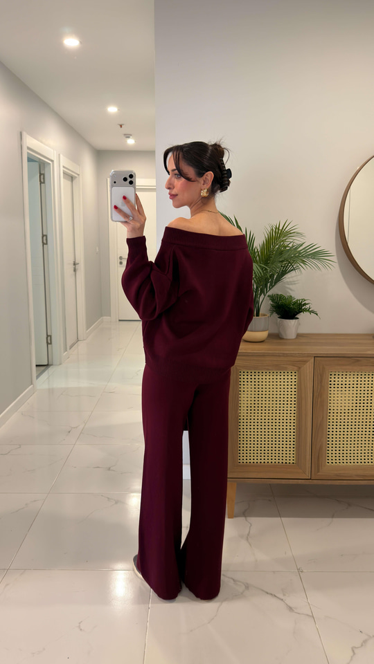 Fransa Bordo Triko Hırka Pantolon Takım