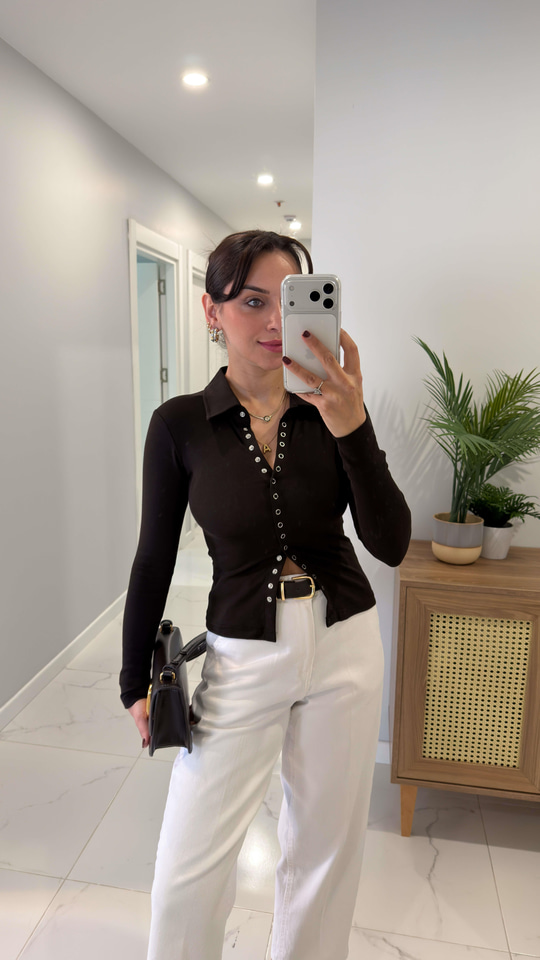 Gentore Kahve Çıtçıtlı Polo Yaka Bluz