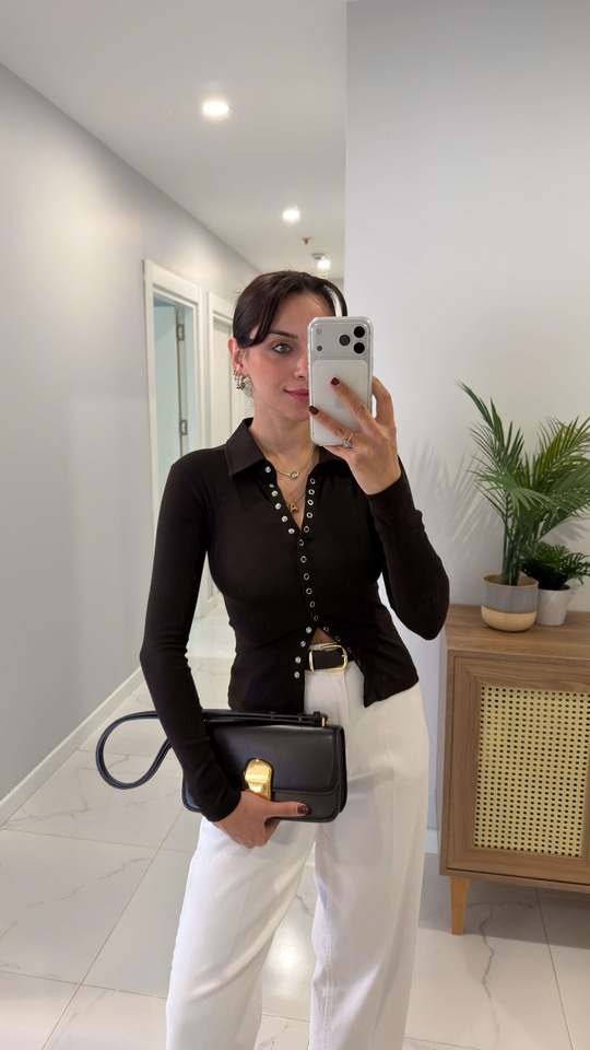 Gentore Kahve Çıtçıtlı Polo Yaka Bluz