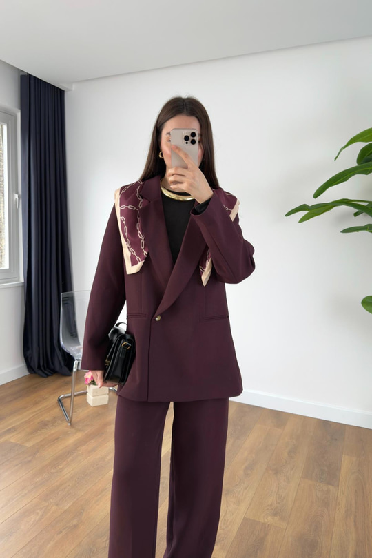 Gesina Bordo Blazer Ceket Palazzo Pantolon Takım