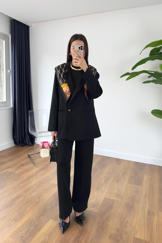 Gesina Siyah Blazer Ceket Palazzo Pantolon Takım