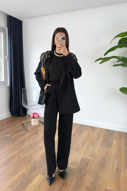 Gesina Siyah Blazer Ceket Palazzo Pantolon Takım