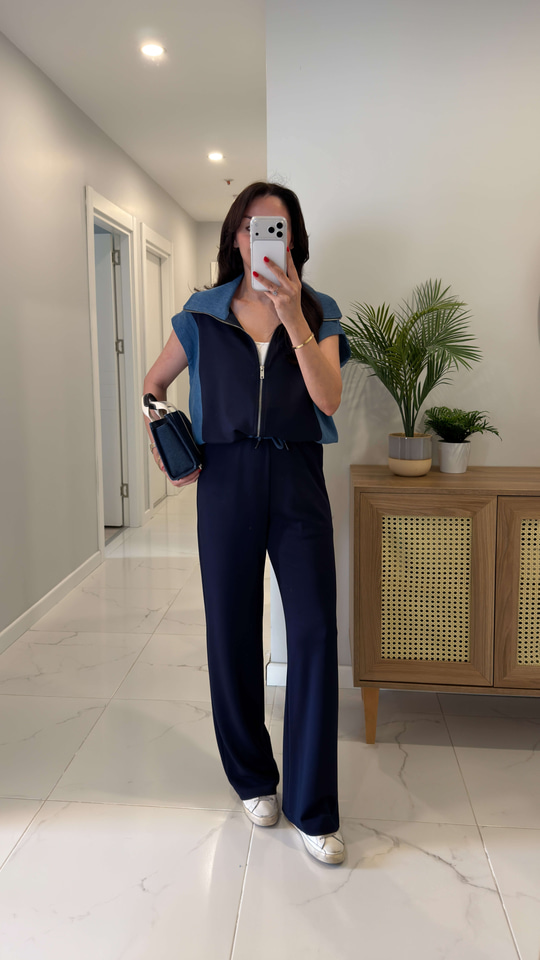 Giolsy Lacivert Denim Detaylı Yelek Pantolon Takım