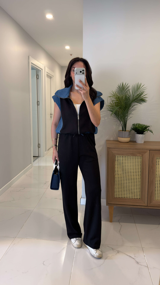 Giolsy Siyah Denim Detaylı Yelek Pantolon Takım