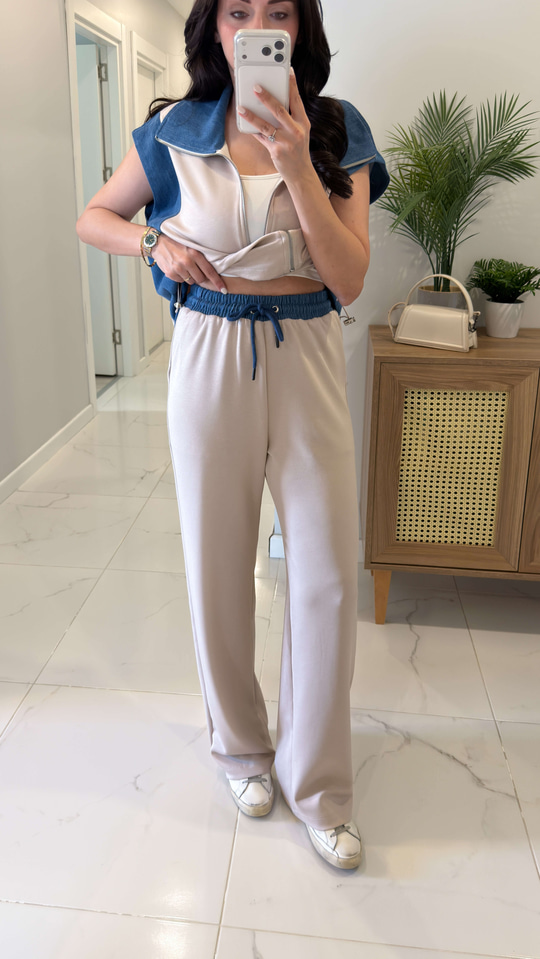 Giolsy Taş Denim Detaylı Yelek Pantolon Takım