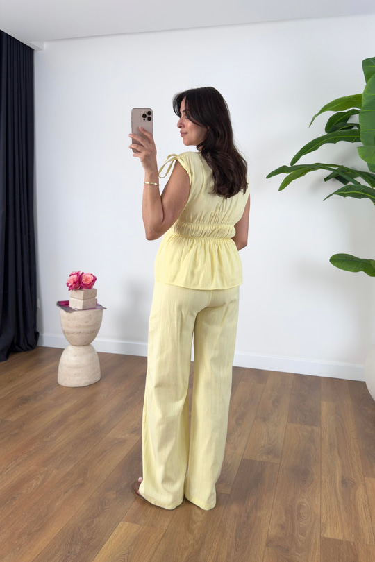 Gisa Sarı Lastik Detaylı Bluz Pantolon Takım