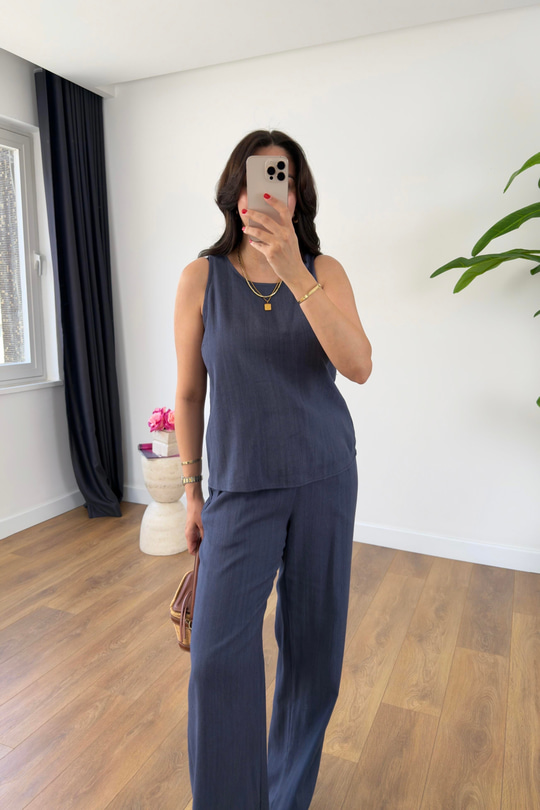 Glow Lacivert Keten Kolsuz Bluz Pantolon Takım
