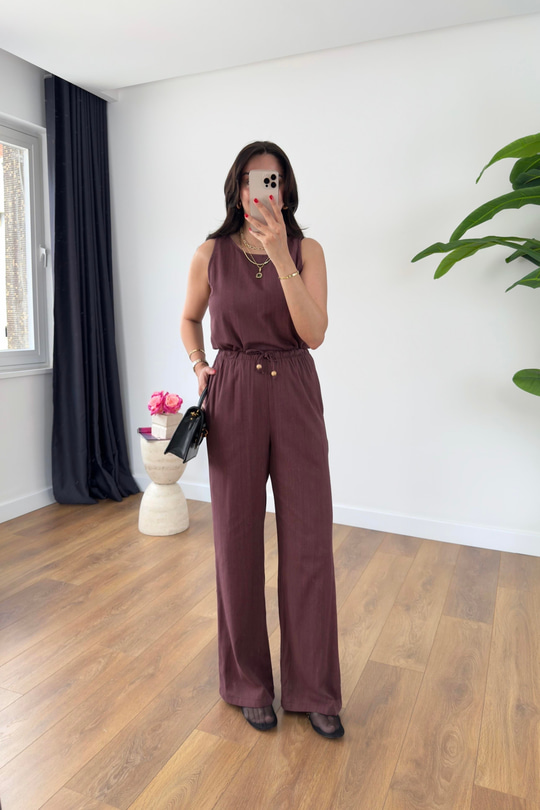 Glow Mürdüm Keten Kolsuz Bluz Pantolon Takım