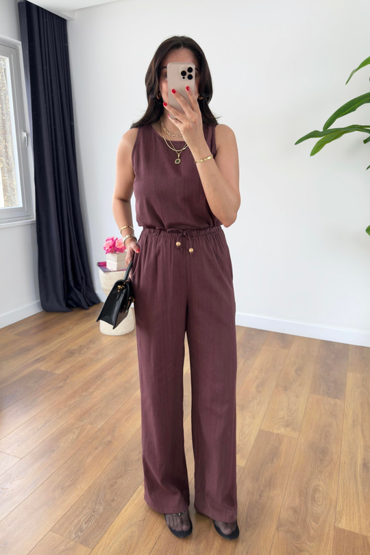 Glow Mürdüm Keten Kolsuz Bluz Pantolon Takım