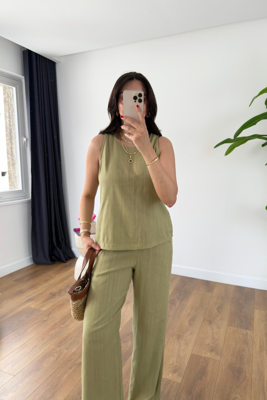 Glow Olive Keten Kolsuz Bluz Pantolon Takım