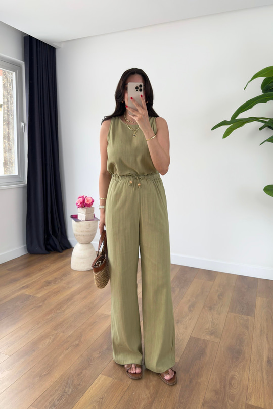 Glow Olive Keten Kolsuz Bluz Pantolon Takım