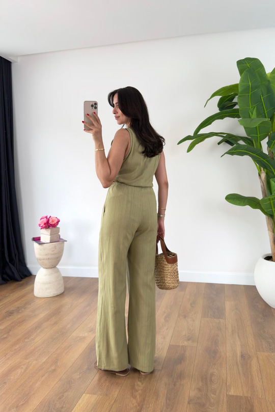 Glow Olive Keten Kolsuz Bluz Pantolon Takım