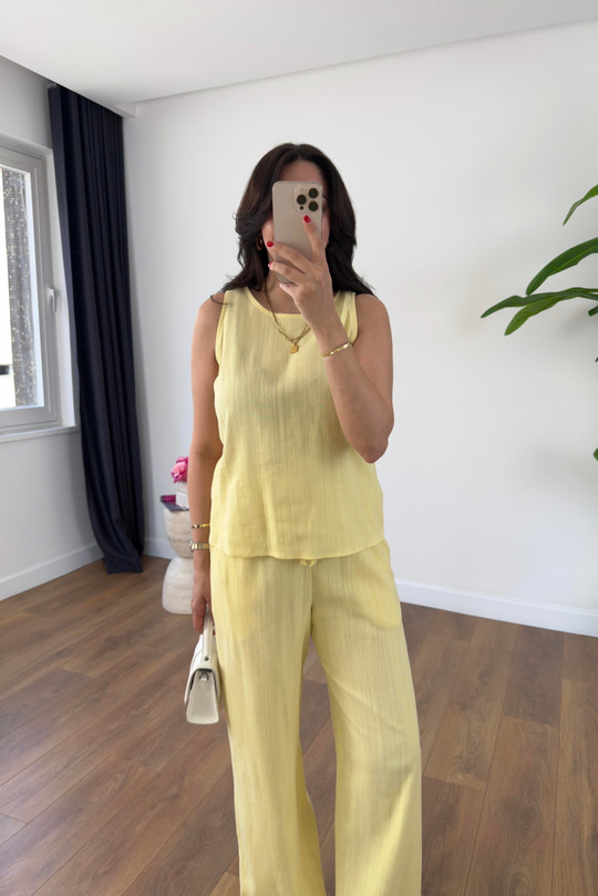 Glow Sarı Keten Kolsuz Bluz Pantolon Takım