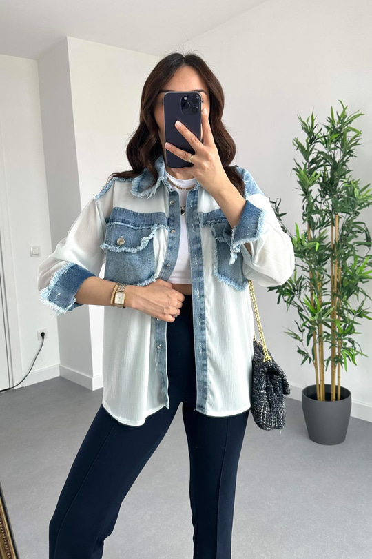 Denim Cep Detaylı Şifon Gömlek