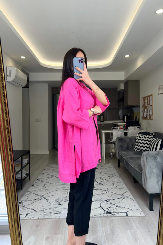 Pembe Fonex Yırtmaç Detay Gömlek
