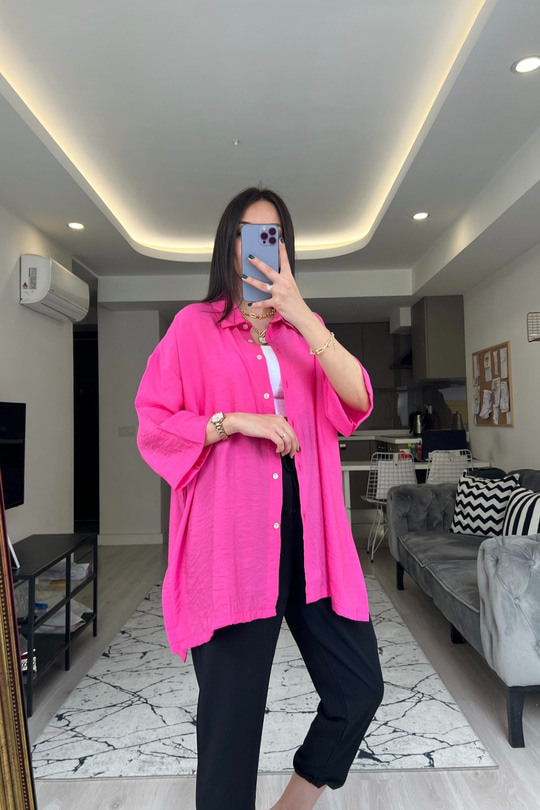 Pembe Fonex Yırtmaç Detay Gömlek