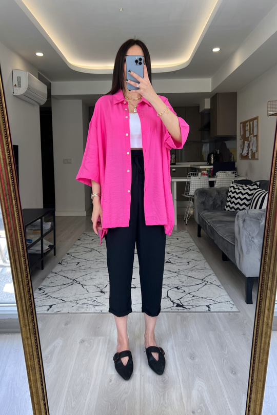 Pembe Fonex Yırtmaç Detay Gömlek