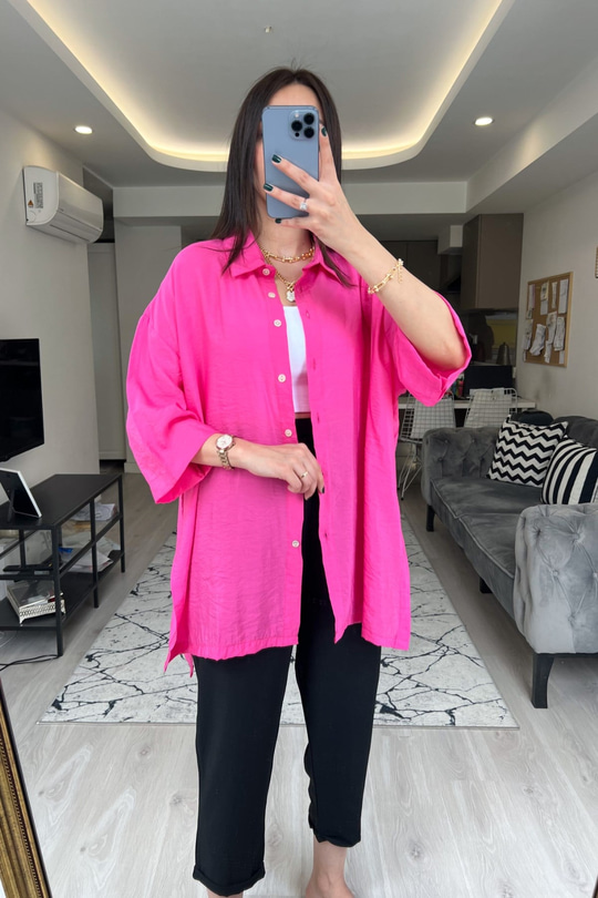 Pembe Fonex Yırtmaç Detay Gömlek
