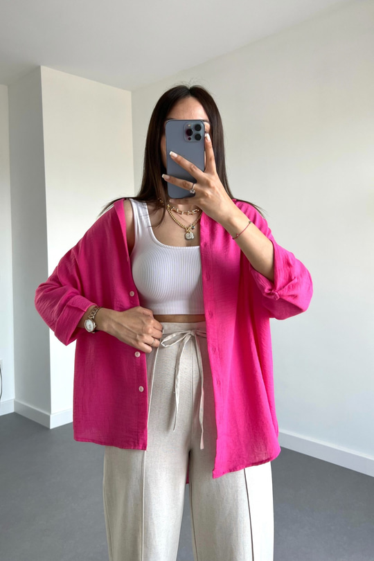 Pembe Oysho Model Keten Gömlek