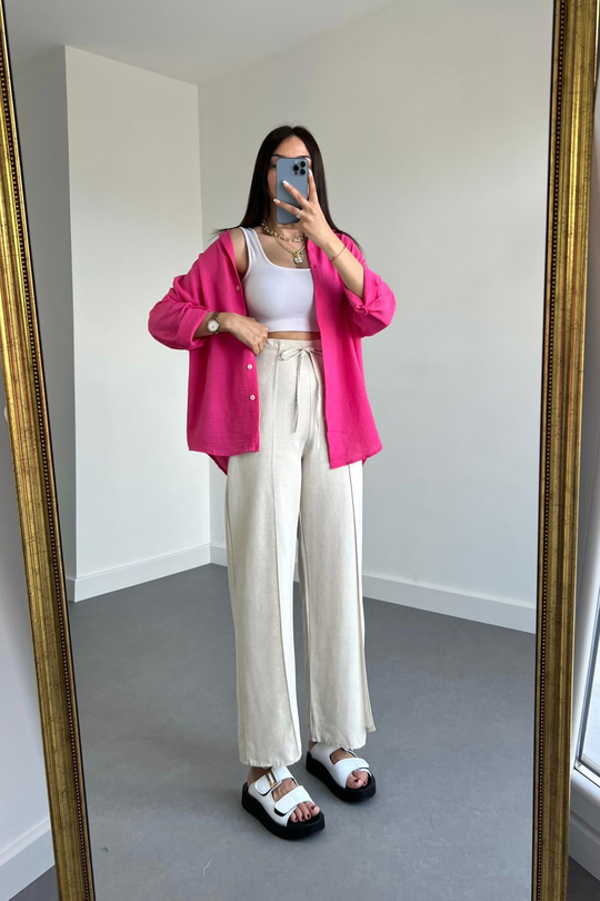 Pembe Oysho Model Keten Gömlek