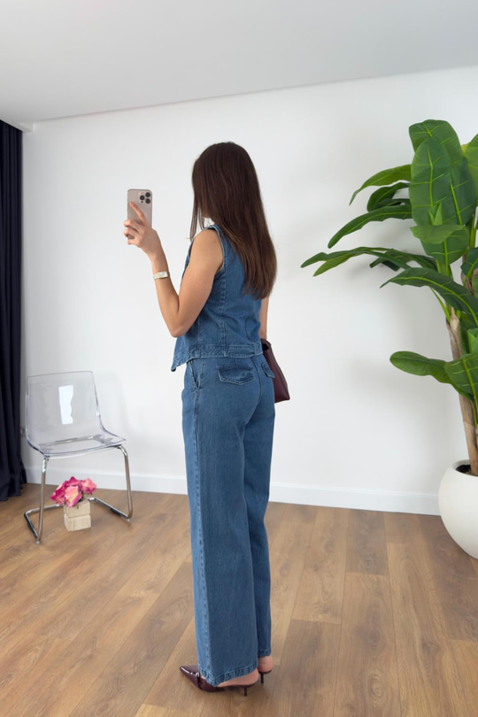 Gulas Mavi Denim Yelek Pantolon Takım