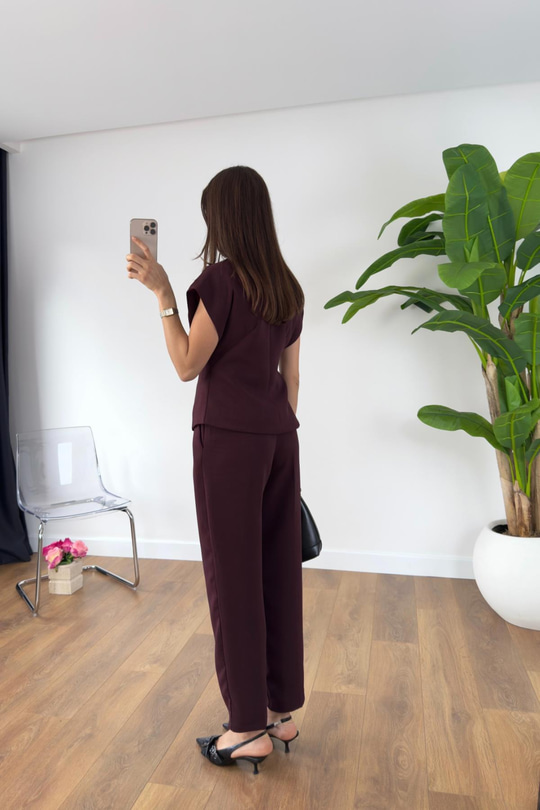 Helina Bordo Gold Düğmeli Yelek Pantolon Takım