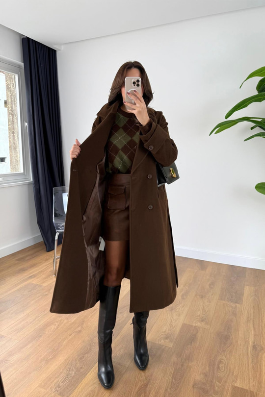 Helna Kahve Kuşak Detaylı Kaban