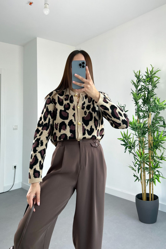Buxi Leopar Desen Çizgili Gold Düğme Detaylı Hırka