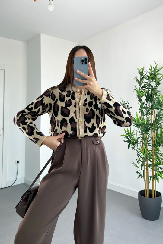 Buxi Leopar Desen Çizgili Gold Düğme Detaylı Hırka