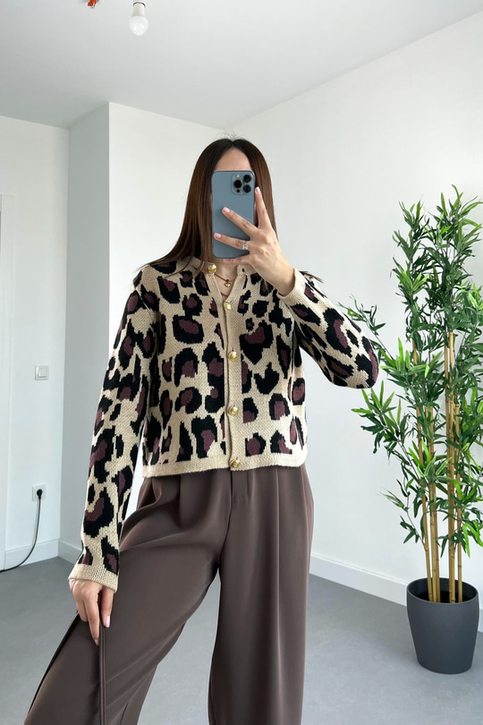 Buxi Leopar Desen Çizgili Gold Düğme Detaylı Hırka