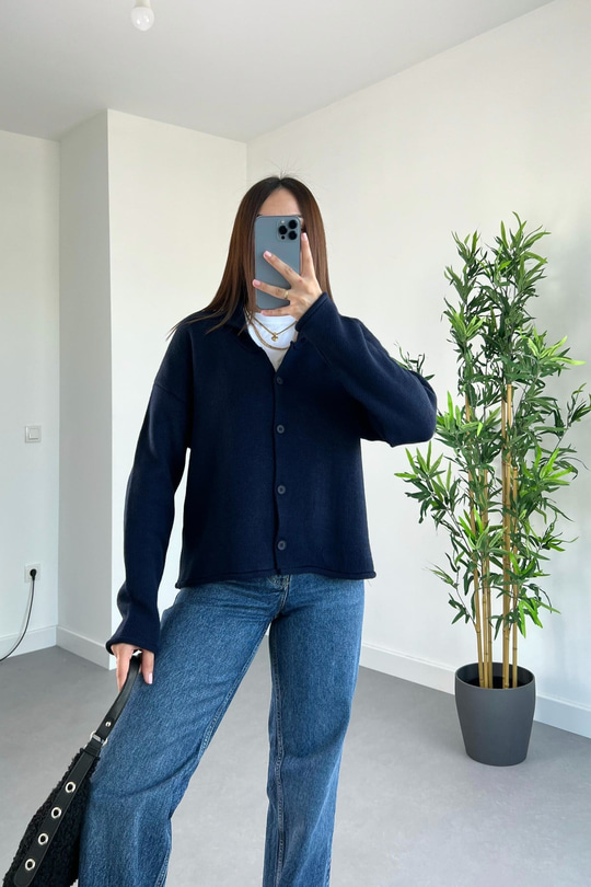 Lacivert Polo Yaka Düğmeli Hırka
