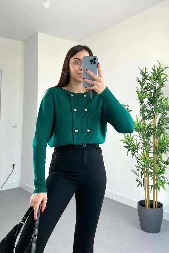 Lulu Koyu Yeşil Çift Düğmeli Hırka