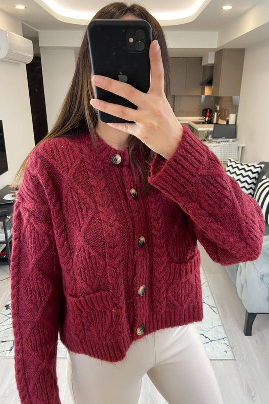 Mng Bordo Düğmeli Hırka