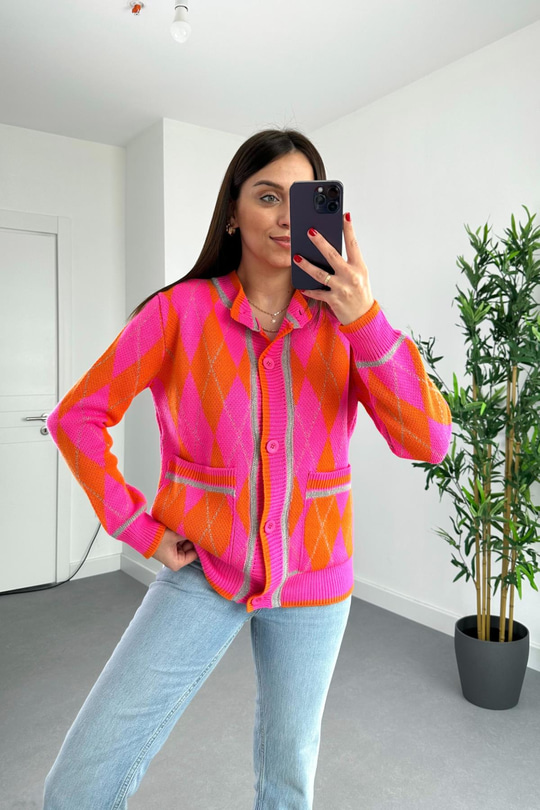 Pembe Parıltılı İplikli Baklava Desenli Triko Hırka