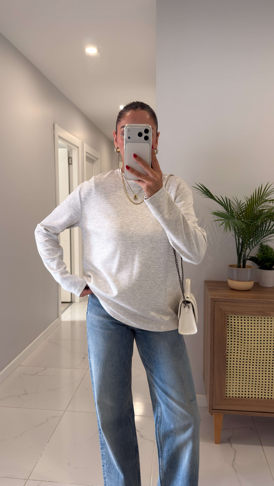 Hisna Gri Uzun Kollu Basic Sweat