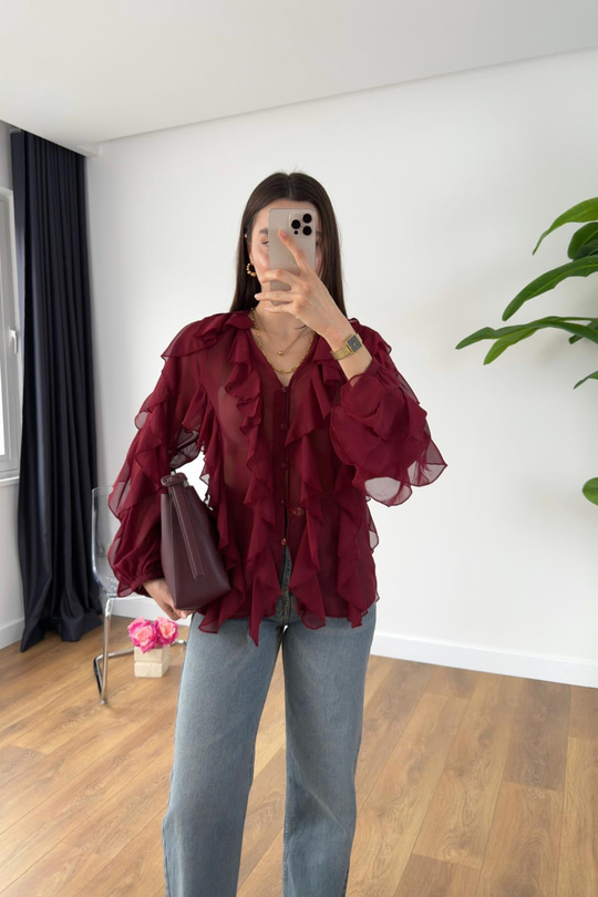 Hiss Bordo Fırfırlı Transparan Gömlek