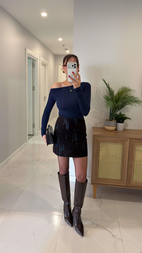 Jagro Lacivert Kahve Flok Baskılı Etek
