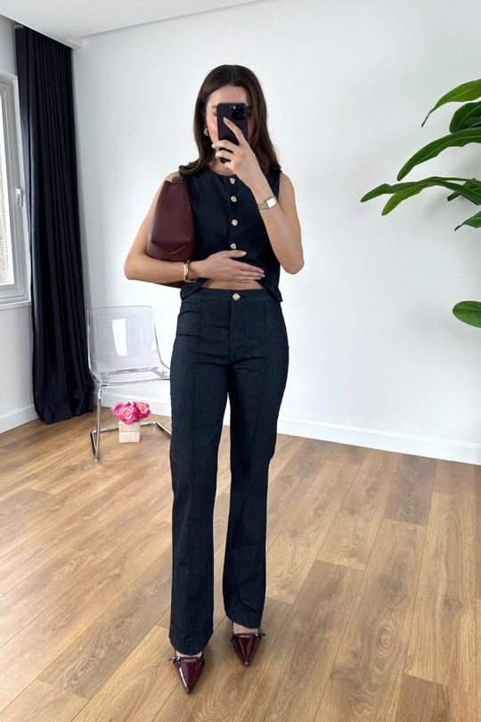 Jana Dark Blue Gold Düğmeli Yelekli Takım