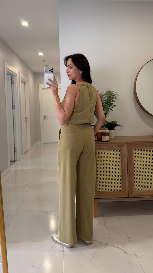 Janly Olive Kemerli Bluz Pantolon Takım
