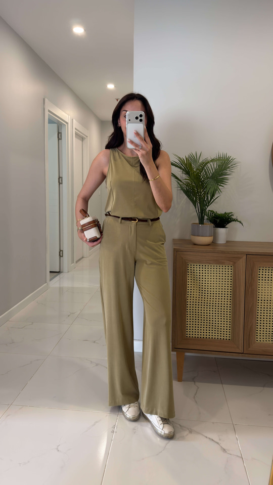 Janly Olive Kemerli Bluz Pantolon Takım