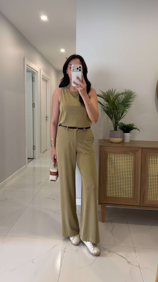 Janly Olive Kemerli Bluz Pantolon Takım