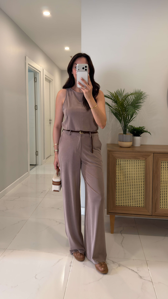 Janly Vizon Kemerli Bluz Pantolon Takım