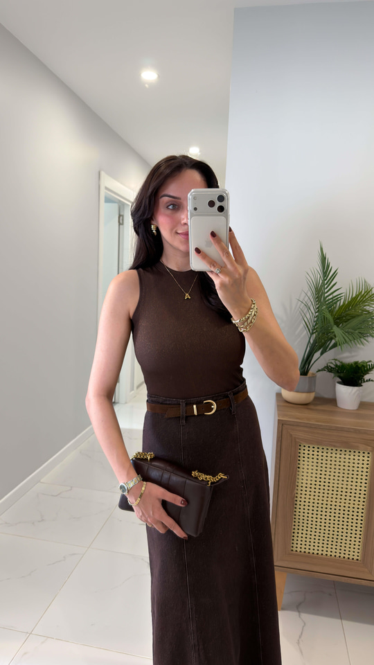 Jina Kahve Sıfır Kol Fitilli Simli Bluz